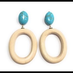 Oval Wood Turquoise Boho Earrings